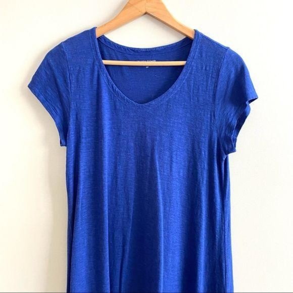 Eileen Fisher Blue V Neck Short Sleeve Hemp Cotton Swing Dress - Picture 4 of 9